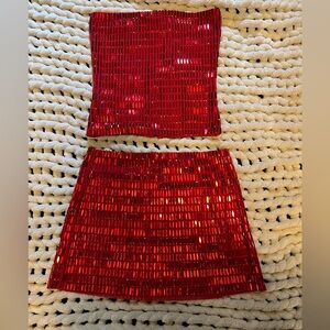 Red Sequin Women's Top & Skirt Set